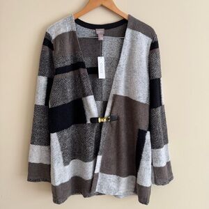 NWT Chico's Colorblock Buckle Latch Cardigan Size 1 Taupe Pattern